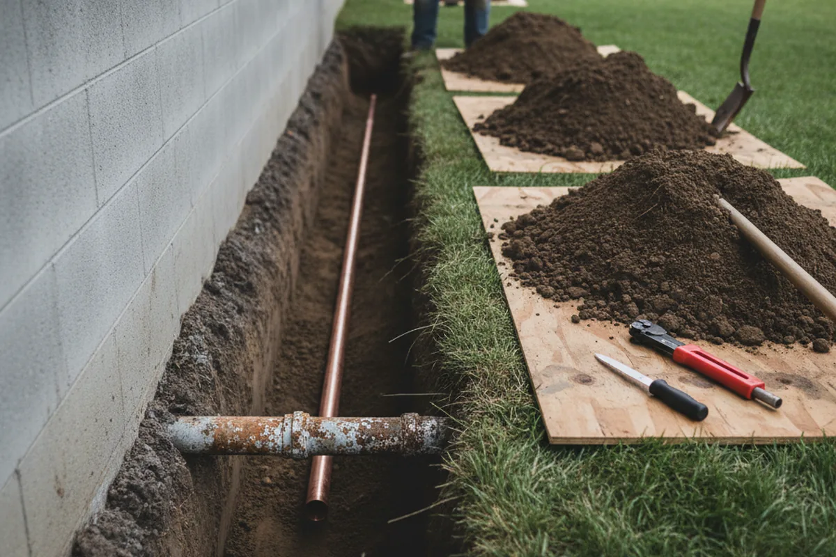 Excavated water line trench during Sewer Line Repair in Bulan